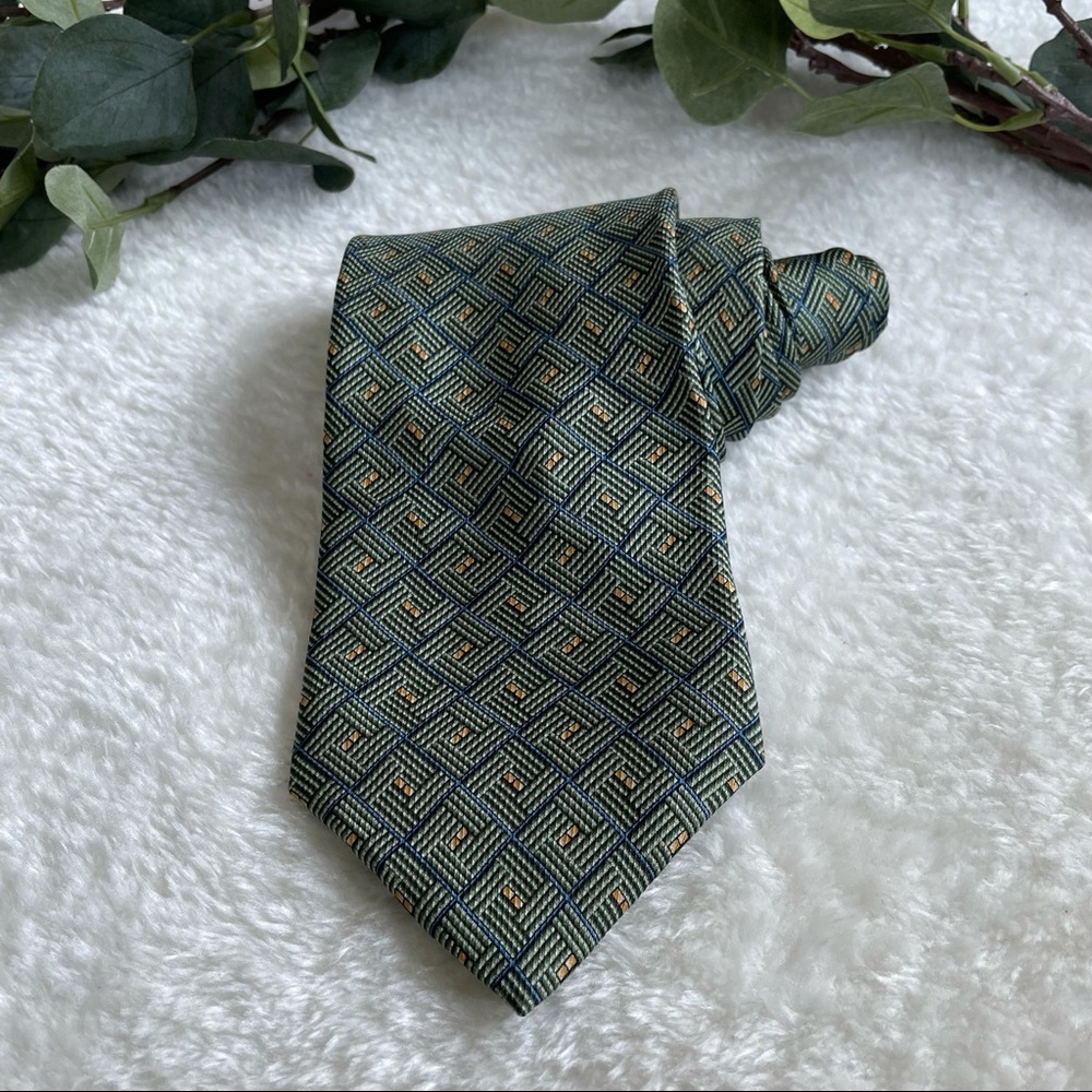 Nautica Green Blue and Gold Geometric Pattern Textured Silk Tie